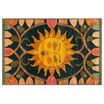 Vibrant area rug featuring an artistic sun design in the center, surrounded by colorful abstract floral patterns. This wool rug is perfect for adding a touch of warmth and style to any living room.