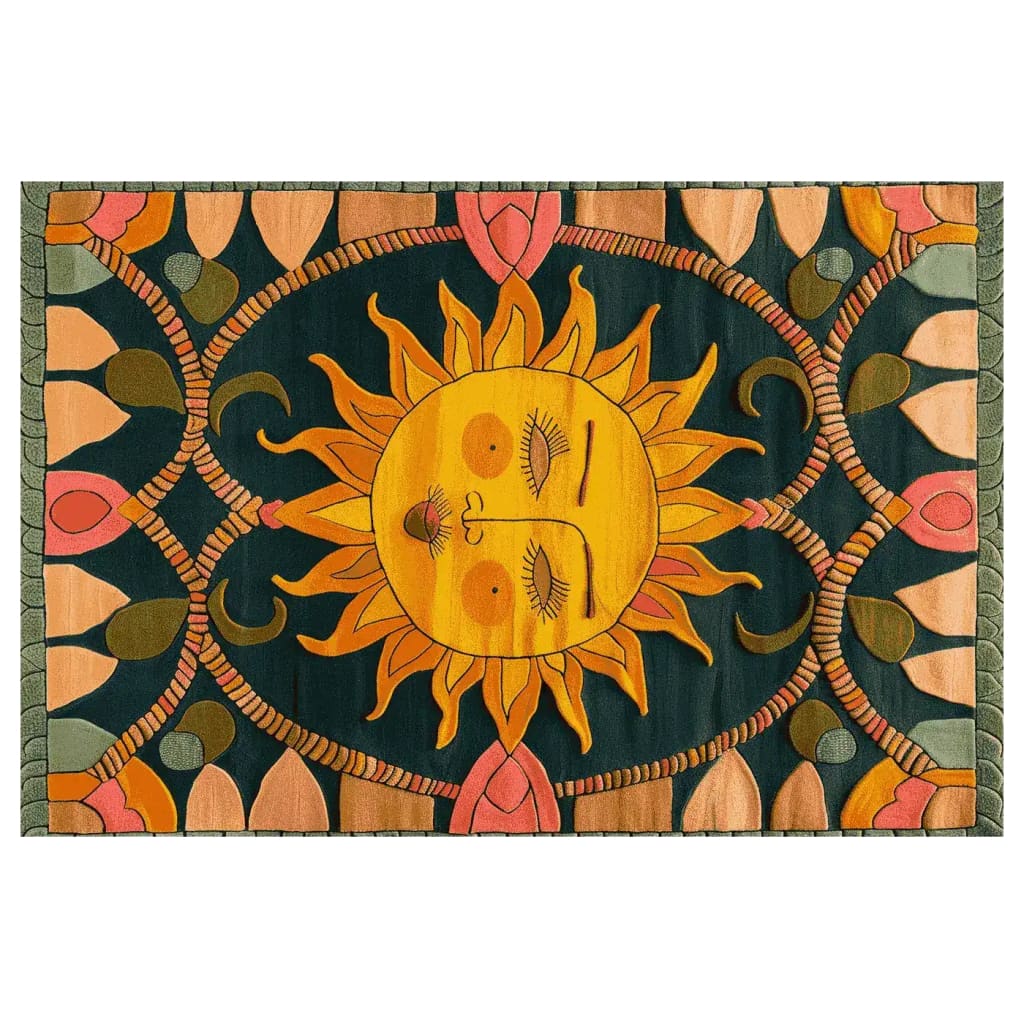 Vibrant area rug featuring an artistic sun design in the center, surrounded by colorful abstract floral patterns. This wool rug is perfect for adding a touch of warmth and style to any living room.