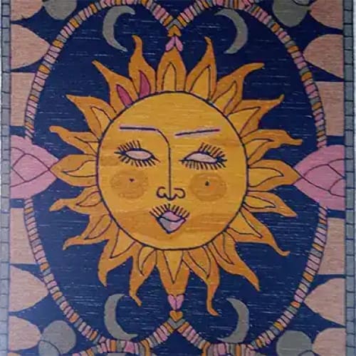A vibrant area rug featuring a hand-tufted design with a striking sun motif at the center, surrounded by celestial patterns. This wool rug is perfect for adding a touch of warmth and style to your living room decor.