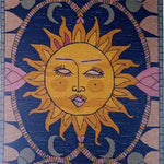 A vibrant area rug featuring a hand-tufted design with a striking sun motif at the center, surrounded by celestial patterns. This wool rug is perfect for adding a touch of warmth and style to your living room decor.