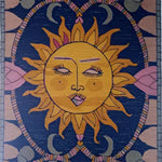 A vibrant area rug featuring a hand-tufted design with a striking sun motif at the center, surrounded by celestial patterns. This wool rug is perfect for adding a touch of warmth and style to your living room decor.