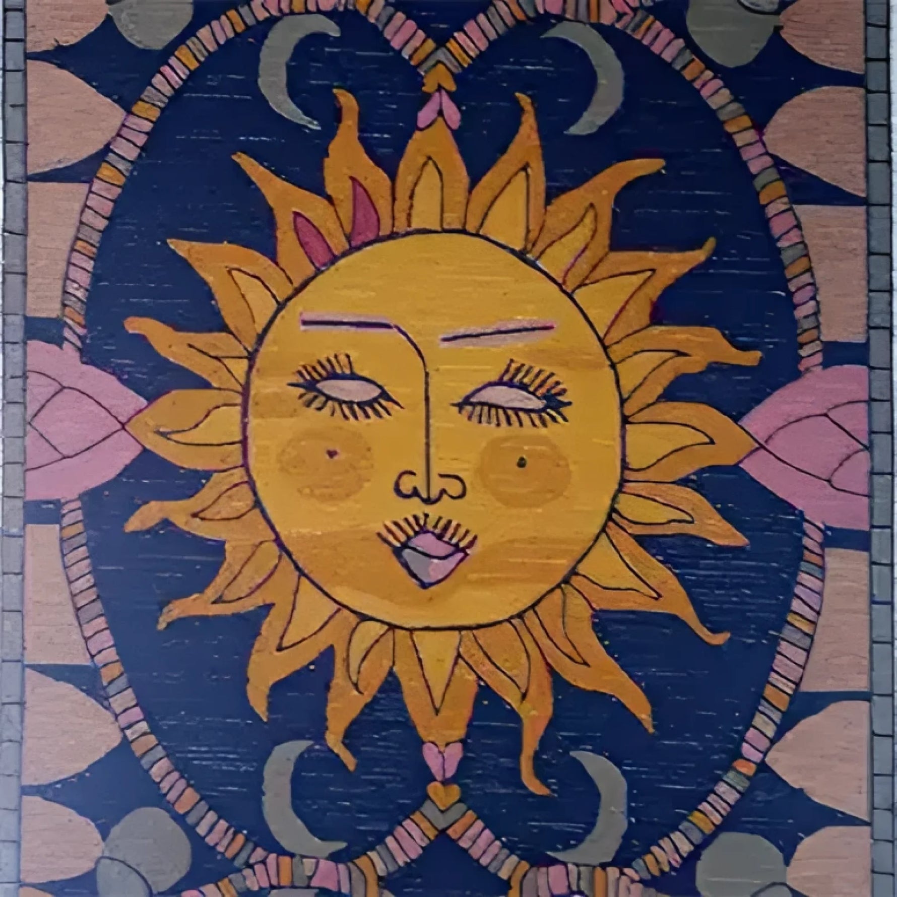 A vibrant area rug featuring a hand-tufted design with a striking sun motif at the center, surrounded by celestial patterns. This wool rug is perfect for adding a touch of warmth and style to your living room decor.