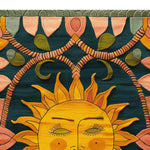 A vibrant and artistic hand tufted area rug featuring a sun motif surrounded by abstract patterns and floral designs. This wool rug is perfect for adding a warm and inviting touch to any living room decor.