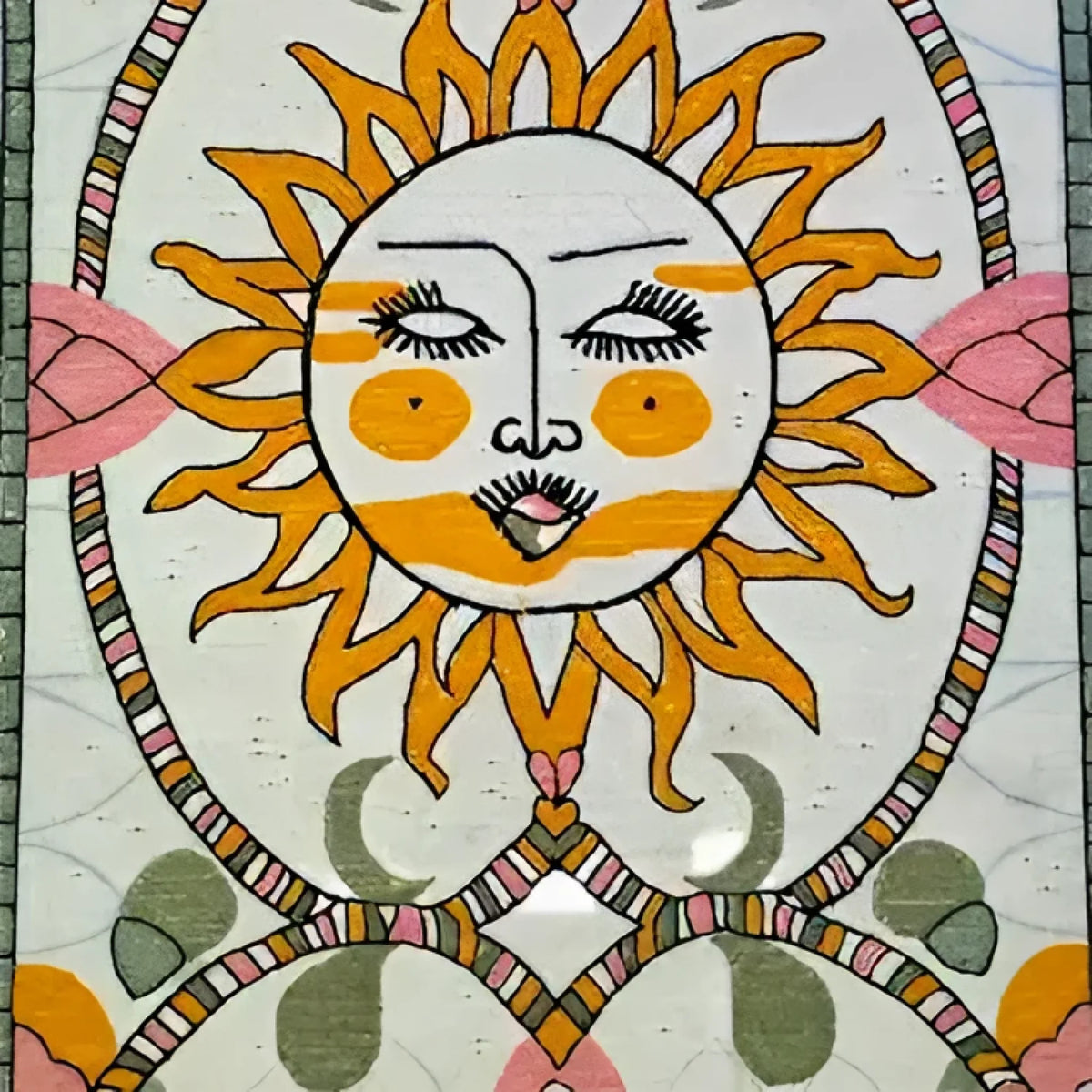 A beautifully designed area rug featuring a whimsical sun motif with a face, surrounded by intricate patterns in shades of orange, pink, and green. This wool rug adds a vibrant and artistic touch to any living room space.
