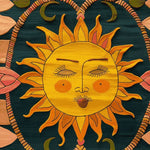 Close-up view of the Solstice Dreams Hand Tufted Area Rug showcasing a vibrant sun design with artistic flair in rich wool textures. Perfect wool rug for adding warmth and style to your living room.