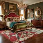 Luxurious bedroom with ornate furniture, a crane red rug, chandelier, and decorative elements.