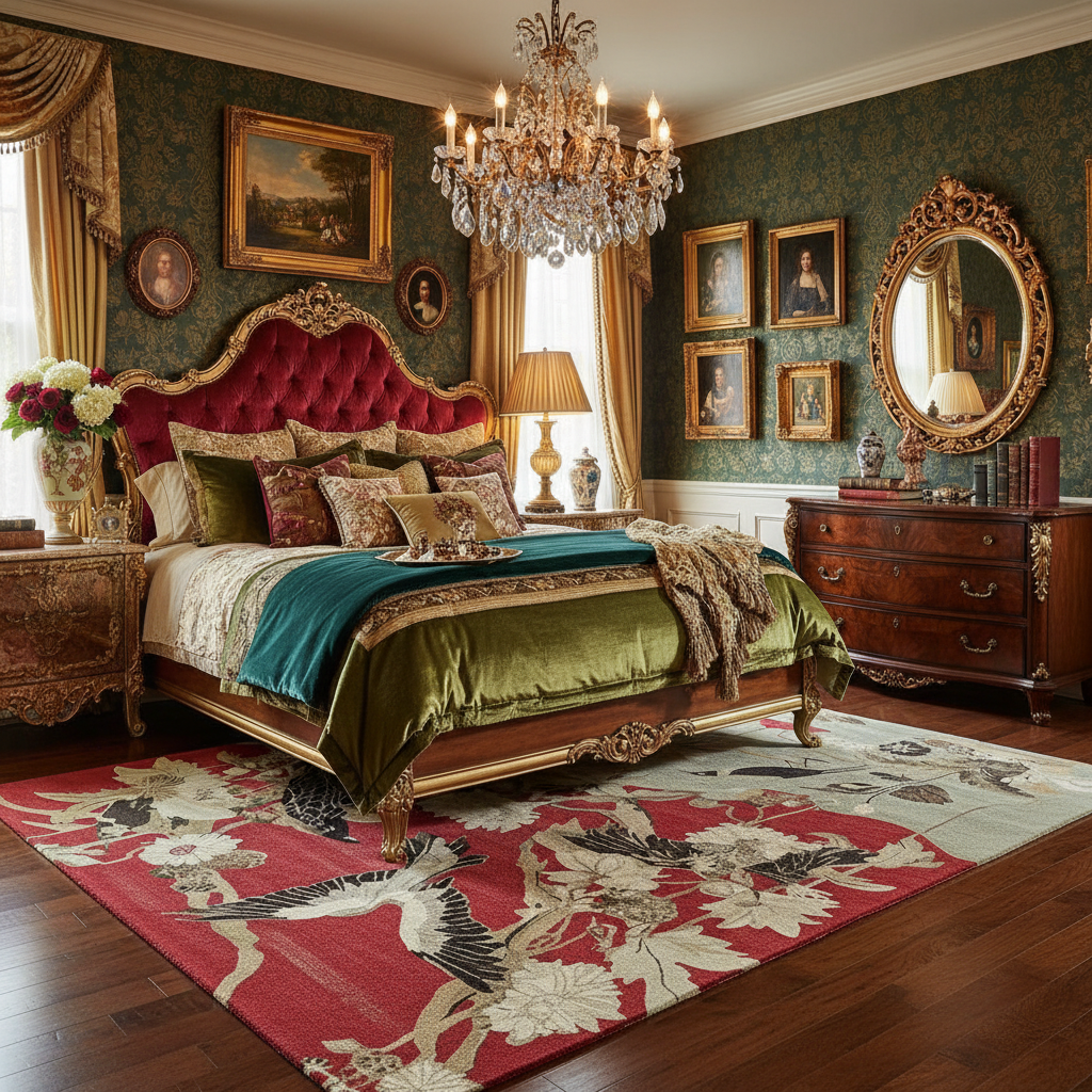 Luxurious bedroom with ornate furniture, a crane red rug, chandelier, and decorative elements.