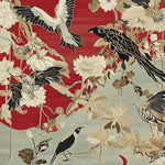 A beautifully designed hand tufted area rug featuring a vibrant pattern with birds and flowers. The wool rug displays a rich color palette of reds, blacks, and creams, making it an eye-catching piece for any living room. This large living room rug combines artistry and functionality, adding warmth and style to your space.