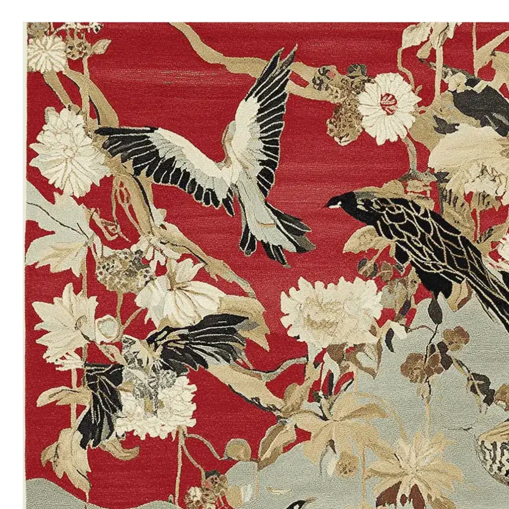 The Song of the Skies Hand Tufted Area Rug features a vibrant design with birds and flowers on a bold red background, perfect for adding a touch of elegance to any living room. This wool rug is an ideal choice for those seeking large living room rugs with artistic flair.