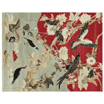 A beautifully crafted area rug titled 'Song of the Skies Hand Tufted Rug' showcasing a vibrant design with birds and floral patterns. This wool rug is perfect for adding a touch of elegance to any living room. The large living room rug features a striking contrast of red and muted tones, ideal for those seeking unique rugs for living room decor.