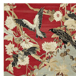 The Song of the Skies Hand Tufted Area Rug features a vibrant design with birds and flowers on a bold red background, perfect for adding a touch of elegance to any living room. This wool rug is an ideal choice for those seeking large living room rugs with artistic flair.