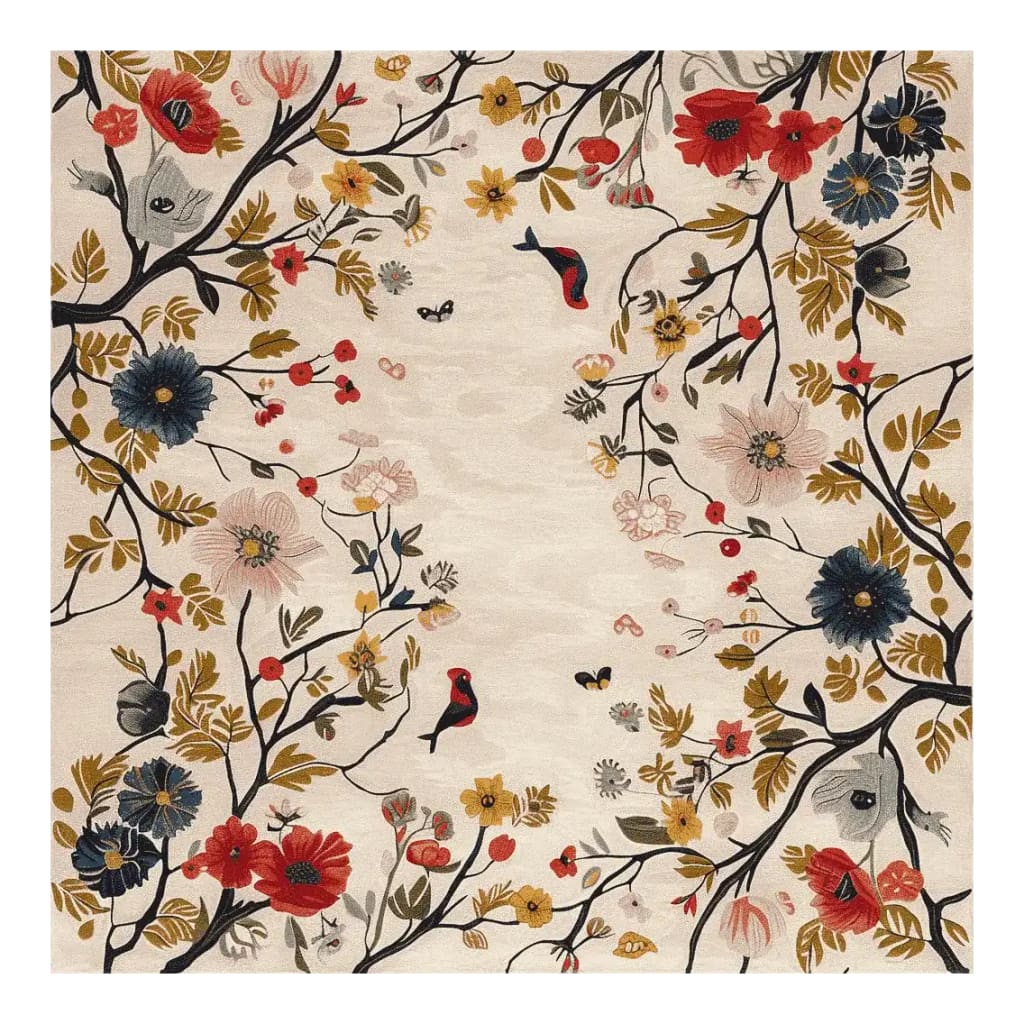 Vibrant floral wool area rug featuring a rich tapestry of colorful flowers and birds. This square area rug is perfect for adding a touch of nature to any large living room. Hand-tufted with exquisite detail, this floral rug showcases a harmonious blend of reds, blues, and yellows, making it an eye-catching centerpiece for your living room area. Ideal for those seeking a stylish and cozy wool rug.