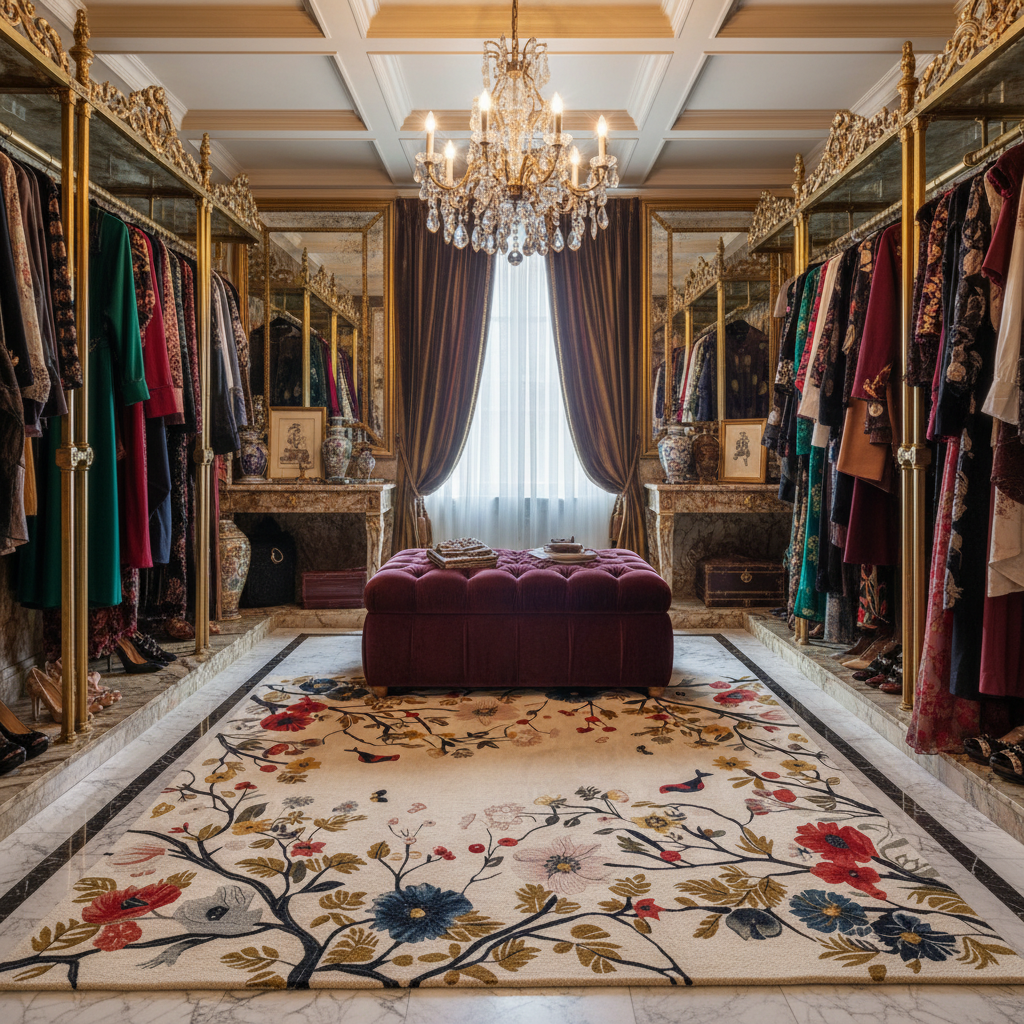 Luxurious walk-in closet with ornate mirrors, a chandelier, and a floral rug.
