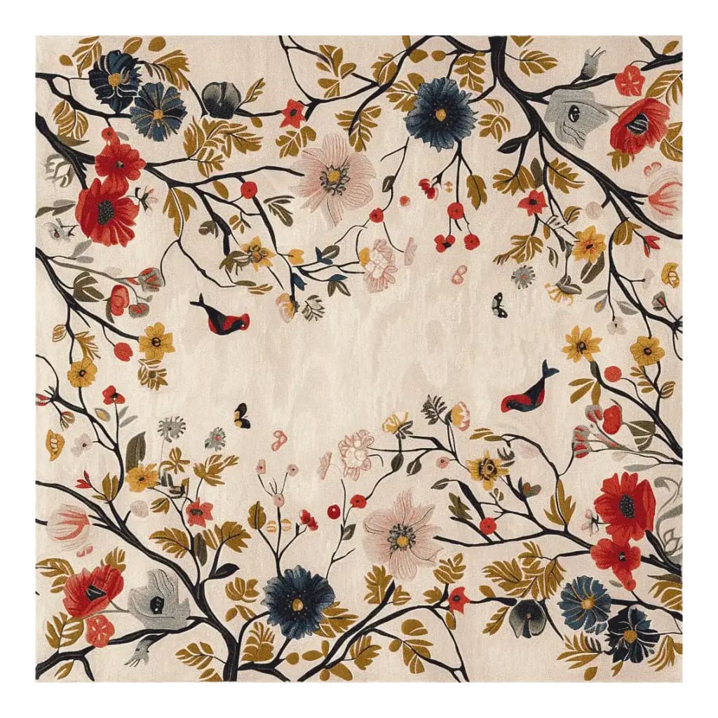 A beautifully detailed square area rug featuring a vibrant floral design with branches, flowers, and birds. This wool rug is perfect for adding a touch of elegance to any large living room. The intricate patterns and rich colors make it an ideal choice for those seeking eye-catching living room area rugs.