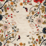 Detailed view of the 'Song of the Vine' hand-tufted square area rug, showcasing a vibrant floral design with intricate branches, colorful flowers, and small birds. Perfect as a large living room rug, this wool floral rug adds a touch of nature-inspired elegance to any space.