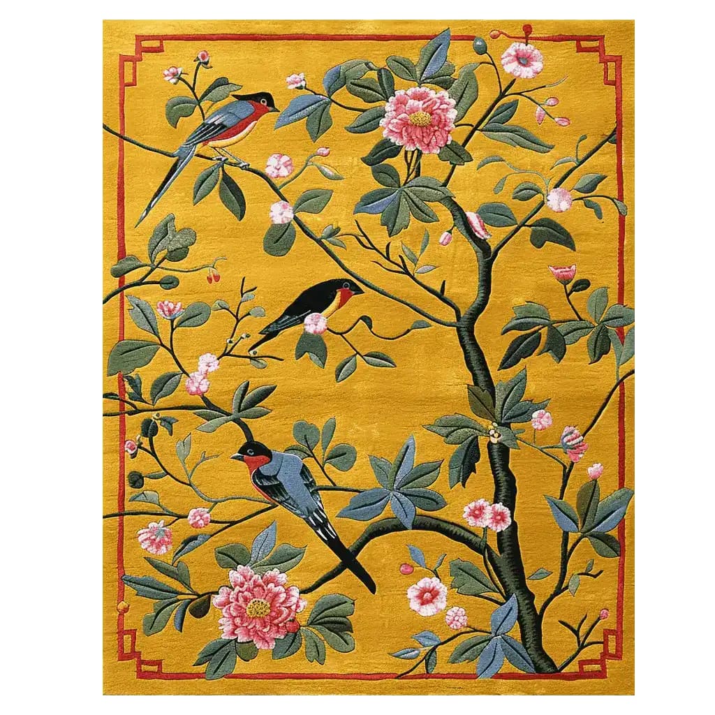 The Songbird Blossom Dance hand-tufted area rug features a vibrant design of colorful birds perched on branches with pink blossoms on a rich yellow backdrop. This contemporary wool rug is perfect for adding a splash of nature to your living room, ideal as an 8x10 living room rug.