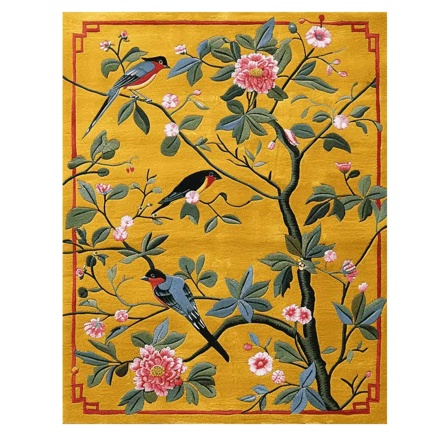 The Songbird Blossom Dance hand-tufted area rug features a vibrant design of colorful birds perched on branches with pink blossoms on a rich yellow backdrop. This contemporary wool rug is perfect for adding a splash of nature to your living room, ideal as an 8x10 living room rug.