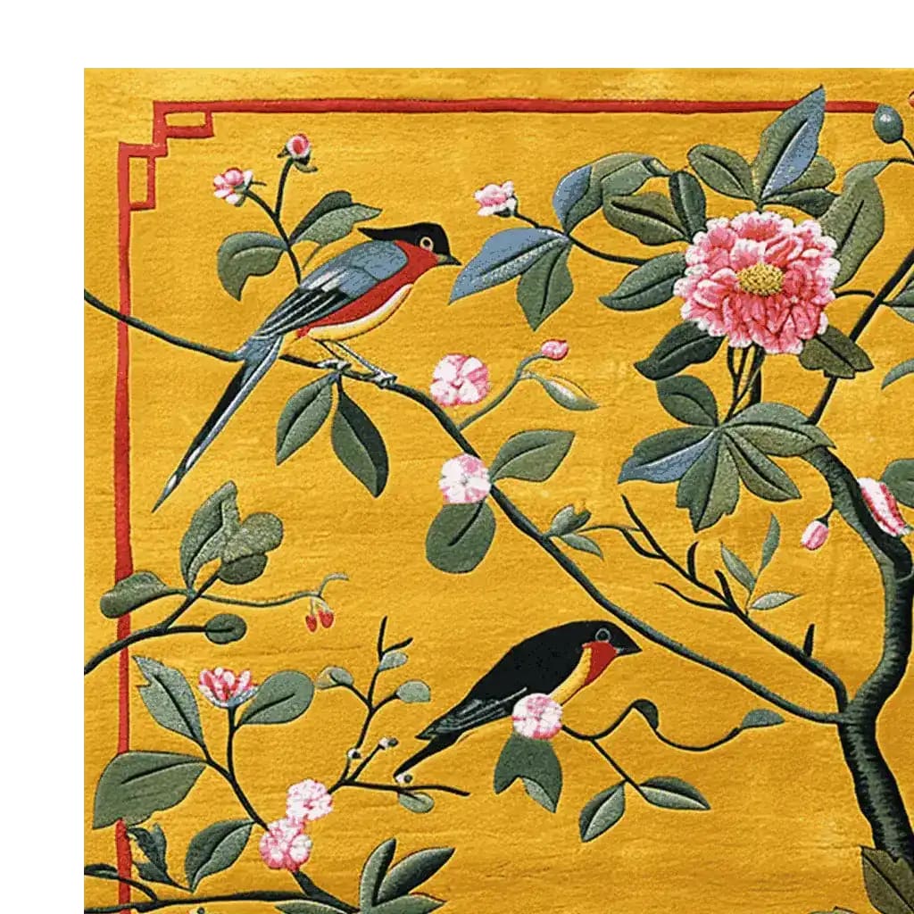 This hand-tufted area rug showcases a vibrant design of songbirds and blossoms, perfect for adding a contemporary touch to your living room. The wool rug features intricate details on a golden background, ideal for those seeking rugs for living room in an 8x10 size.