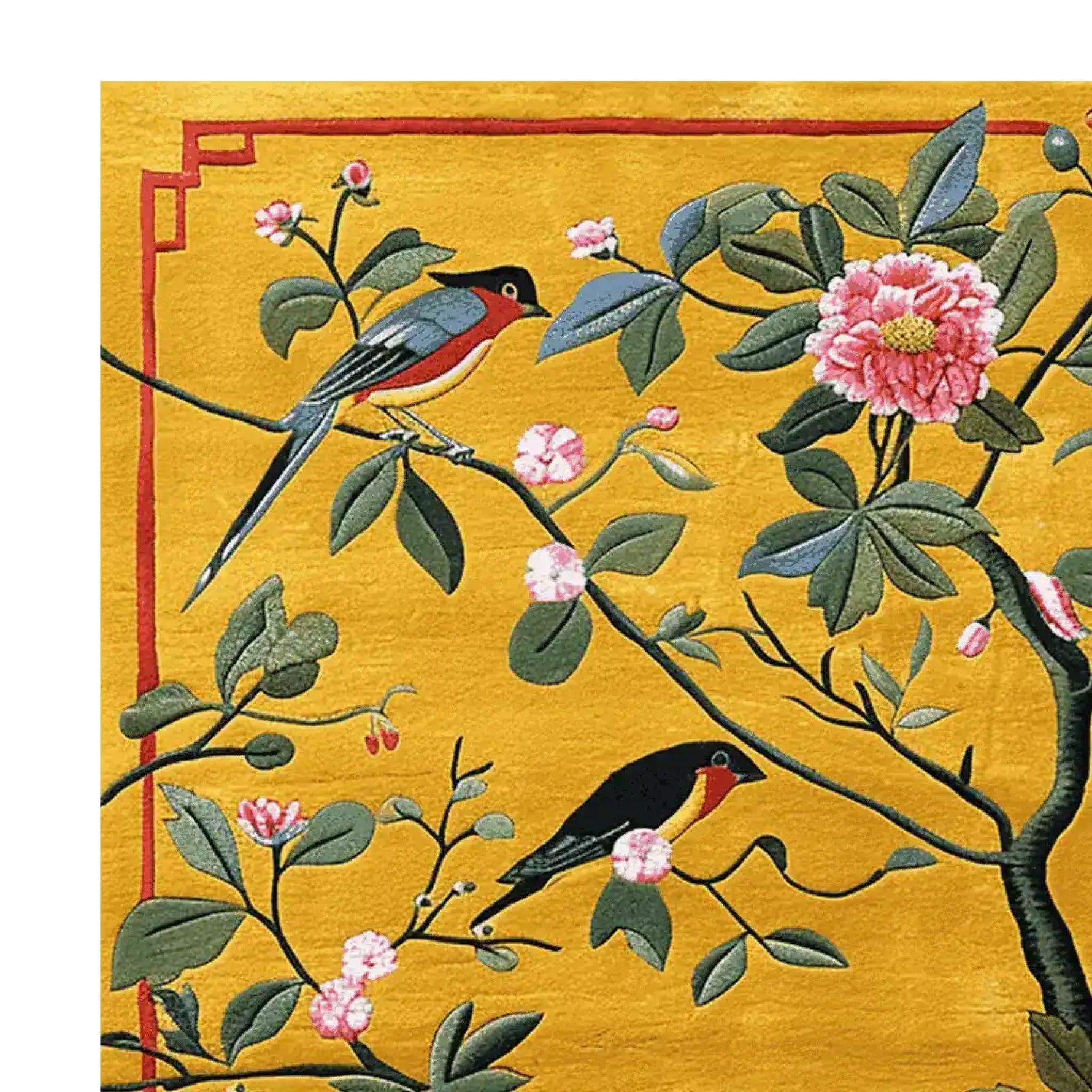 This hand-tufted area rug showcases a vibrant design of songbirds and blossoms, perfect for adding a contemporary touch to your living room. The wool rug features intricate details on a golden background, ideal for those seeking rugs for living room in an 8x10 size.