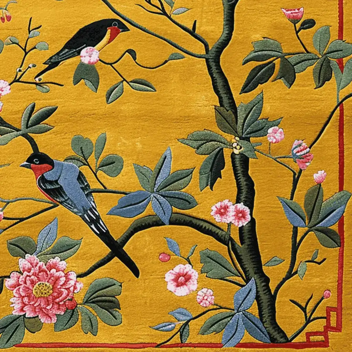 A vibrant area rug featuring an intricate design of songbirds perched on blooming branches set against a rich golden background. This contemporary wool rug, ideal for adding a touch of nature to your decor, is perfect for living rooms. Available in an 8x10 size, it combines elegance and comfort, making it a standout choice among living room rugs.