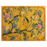 Beautiful hand-tufted area rug featuring a vibrant design of songbirds and blossoms on a golden background. Perfect as a contemporary rug for your living room, this wool rug measures 8x10 and adds a touch of elegance and nature-inspired art to any space.