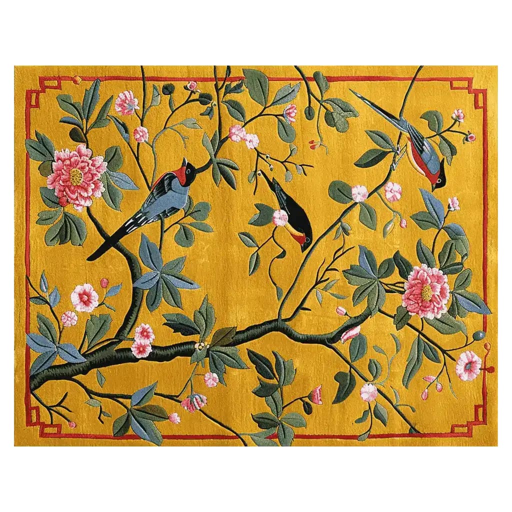 Beautiful hand-tufted area rug featuring a vibrant design of songbirds and blossoms on a golden background. Perfect as a contemporary rug for your living room, this wool rug measures 8x10 and adds a touch of elegance and nature-inspired art to any space.