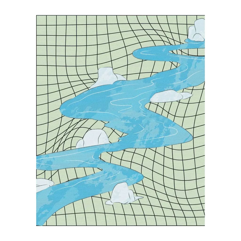 A unique hand-tufted wool area rug featuring an abstract river flowing through a grid pattern, perfect for adding artistic flair to a living room or bedroom. Ideal as a living room rug 8x10, this wool rug combines modern design with comfort, making it a standout piece for any area rug in the living room.