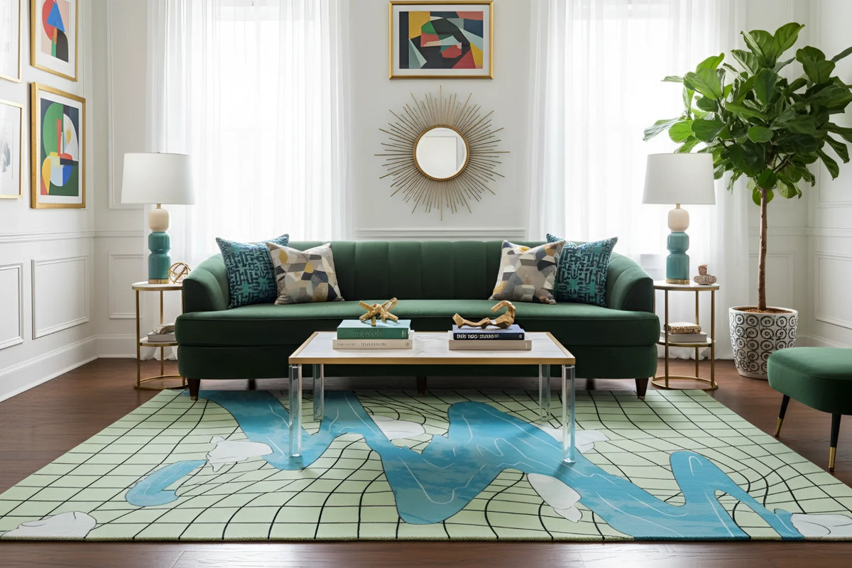Living room with a green sofa, coffee table, and colorful rug.