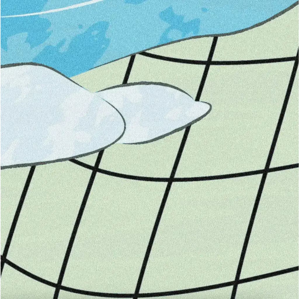 Close-up view of the Space Time River Flow Hand Tufted Wool Rug, showcasing abstract blue and white patterns with black grid lines. Perfect for area rugs in living rooms and bedrooms, this 8x10 wool rug adds a modern touch to your home decor.