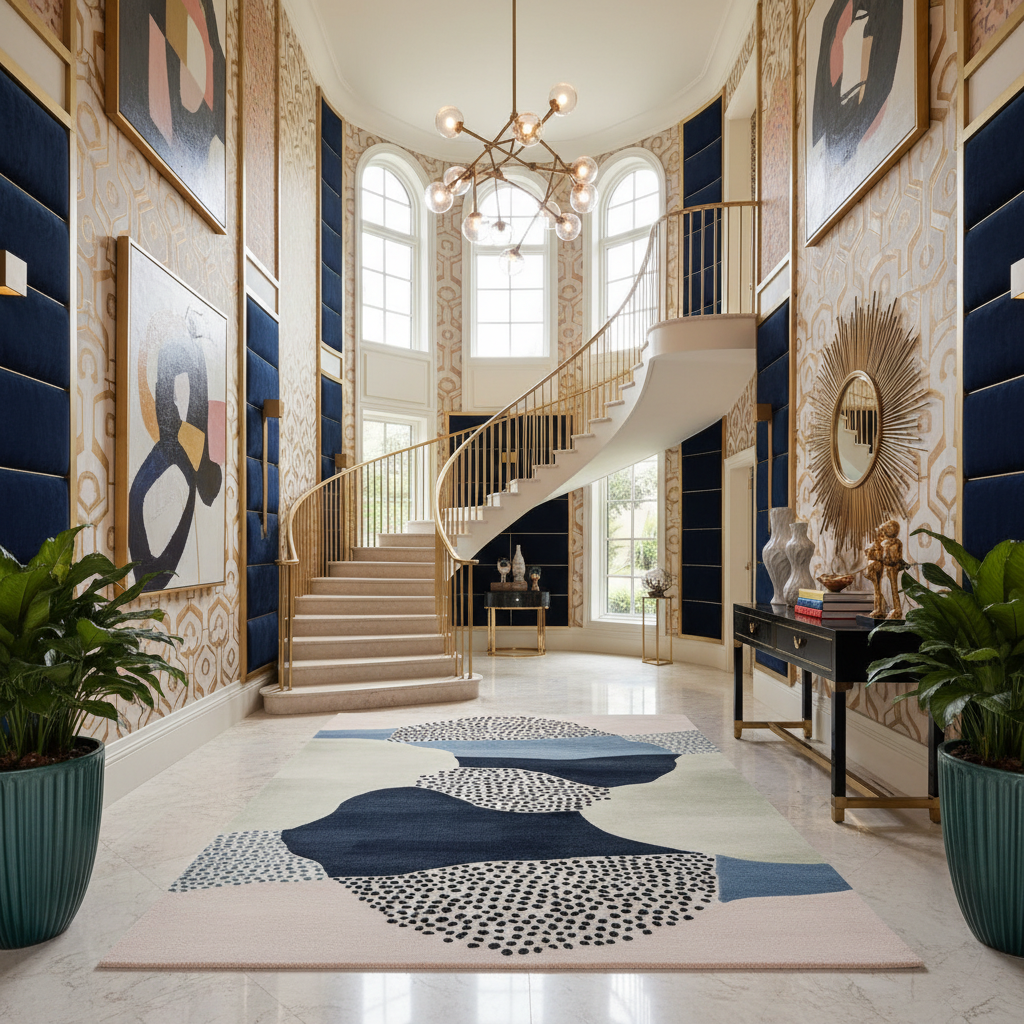 Luxurious interior with staircase, an abstract wool rug, artwork, and decorative elements in a high-end home.