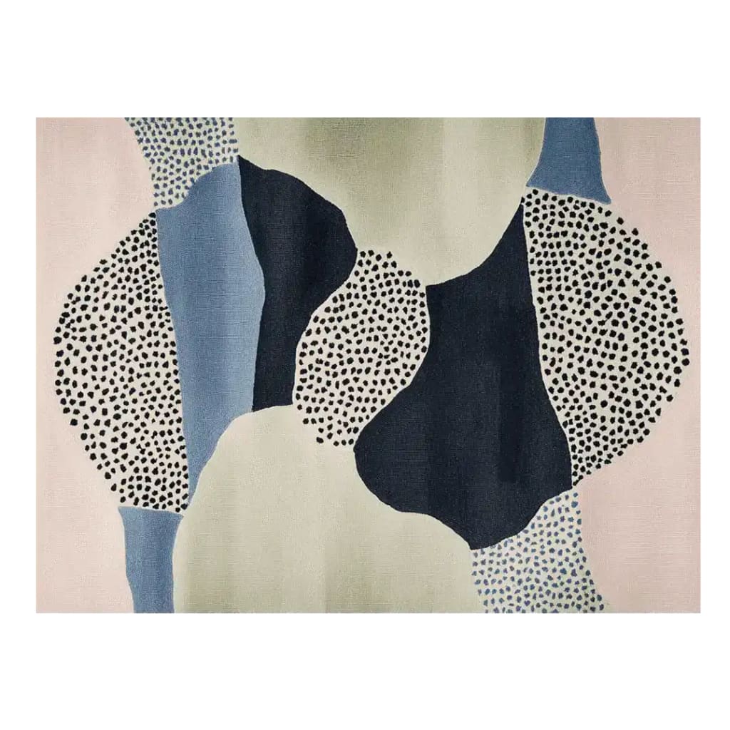 A contemporary area rug featuring an abstract design with speckled patterns in shades of blue, black, and beige. This wool rug is ideal for adding a modern touch to living room spaces.