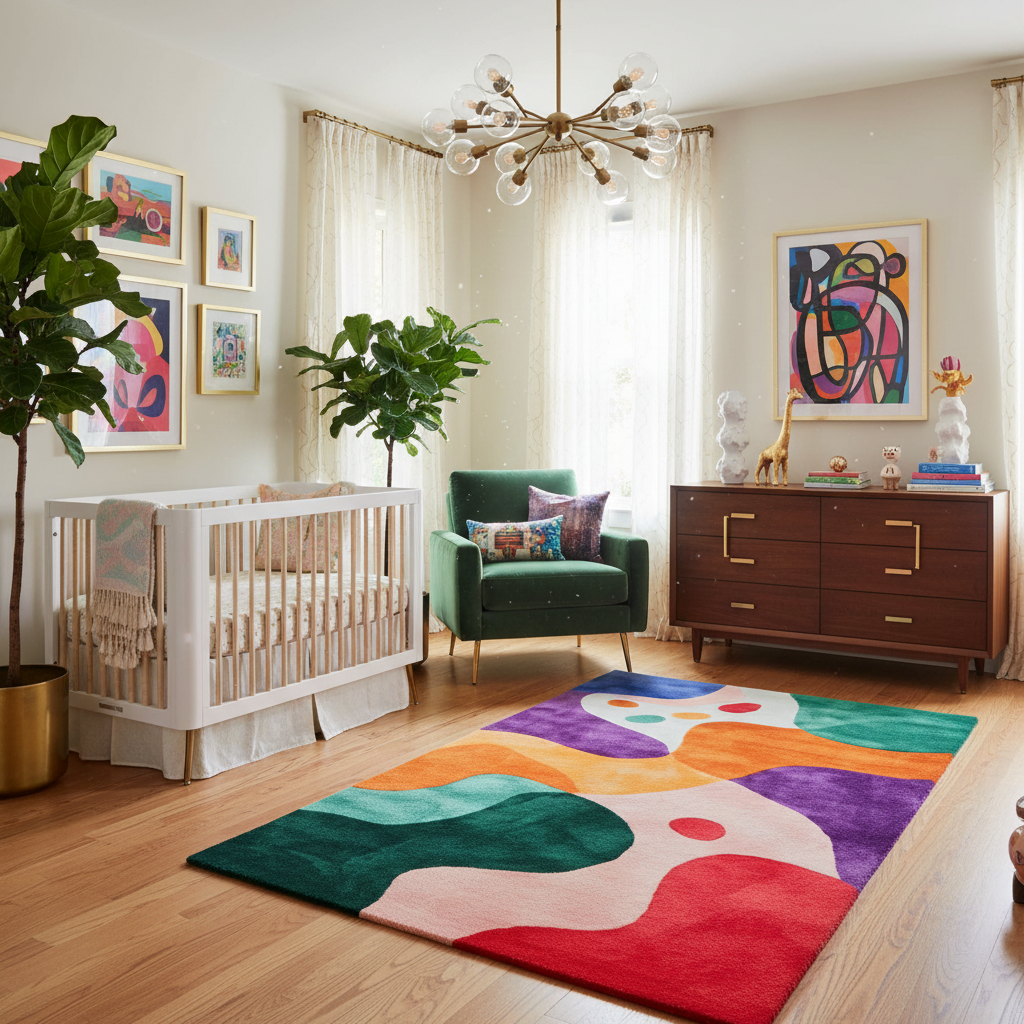 Nursery room with colorful rug, green chair, and baby crib.