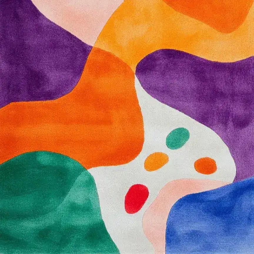 Vibrant Spectrum Shapes Hand Tufted Area Rug Runner featuring bold abstract patterns in purple, orange, green, and blue. Perfect as a contemporary hallway runner rug, kitchen runner rug, or large living room rug, adding a splash of color to your living room or office space.