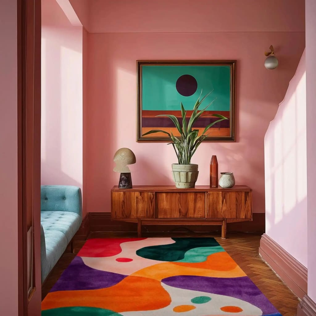 A vibrant Spectrum Shapes Hand Tufted Area Rug adds a pop of color with its abstract design in this stylish hallway. Ideal as a contemporary hallway runner rug, the wool rug complements the mid-century modern decor and wooden furniture. Perfect for adding flair in a living room or office setting.