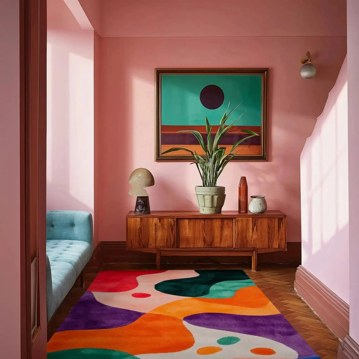 A vibrant Spectrum Shapes Hand Tufted Area Rug adds a pop of color with its abstract design in this stylish hallway. Ideal as a contemporary hallway runner rug, the wool rug complements the mid-century modern decor and wooden furniture. Perfect for adding flair in a living room or office setting.