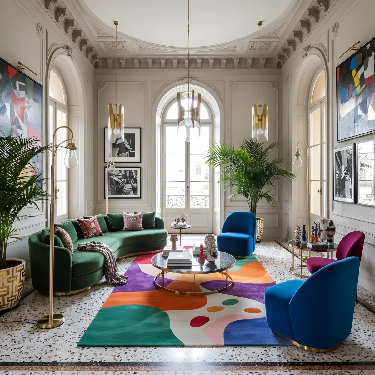 Modern living room with an abstract wool rug, colorful furniture and decorative elements