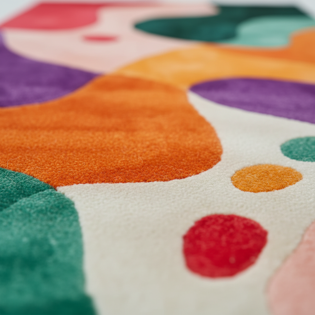 Close-up of a colorful children's rug with various shapes and patterns.