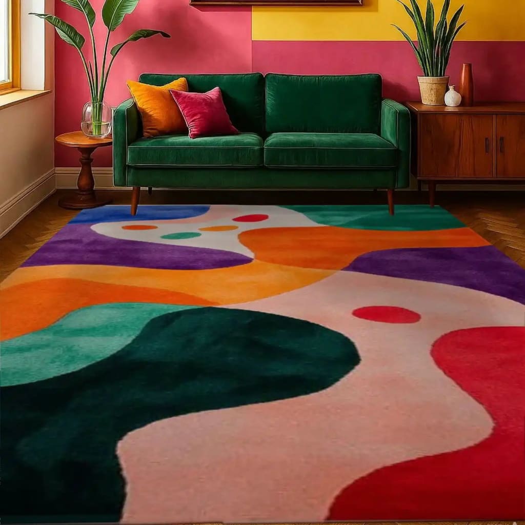 A vibrant Spectrum Shapes Hand Tufted Rug Runner placed in a living room with a green sofa and colorful pillows. The area rug features an abstract design with bold colors like orange, purple, green, and red, perfect for contemporary settings. Ideal as a hallway runner rug, kitchen rug, or a large living room rug, this wool rug adds a splash of color to any office or living space.