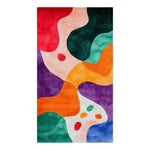 Vibrant Spectrum Shapes Hand Tufted Area Rug Runner featuring an abstract design with bold, multicolored patterns. Perfect for adding a splash of color to your kitchen, hallway, or living room, this contemporary wool rug blends rich reds, greens, oranges, and purples, ideal for modern offices and stylish bathroom spaces.