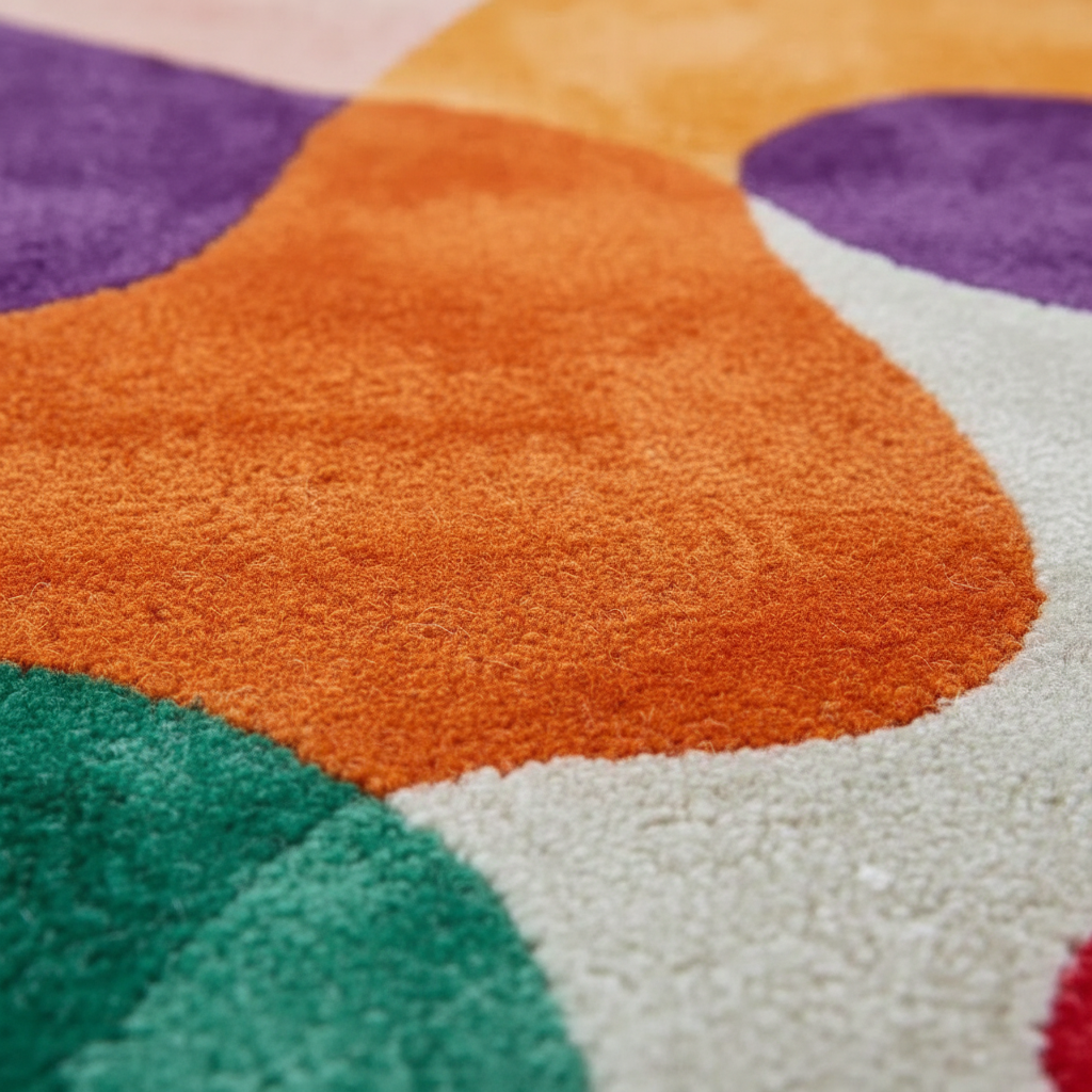Close-up of a colorful patterned rug with orange, purple, green, and white sections.