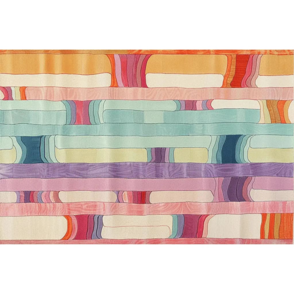 Vibrant Spectrum Stripe Hand Tufted Area Rug featuring a contemporary design with bold, colorful stripes in shades of orange, pink, blue, and purple. This wool rug is an ideal choice for large living rooms, offering a modern touch to any space. Perfect as a living room rug 8x10, it combines style and comfort for your home decor.