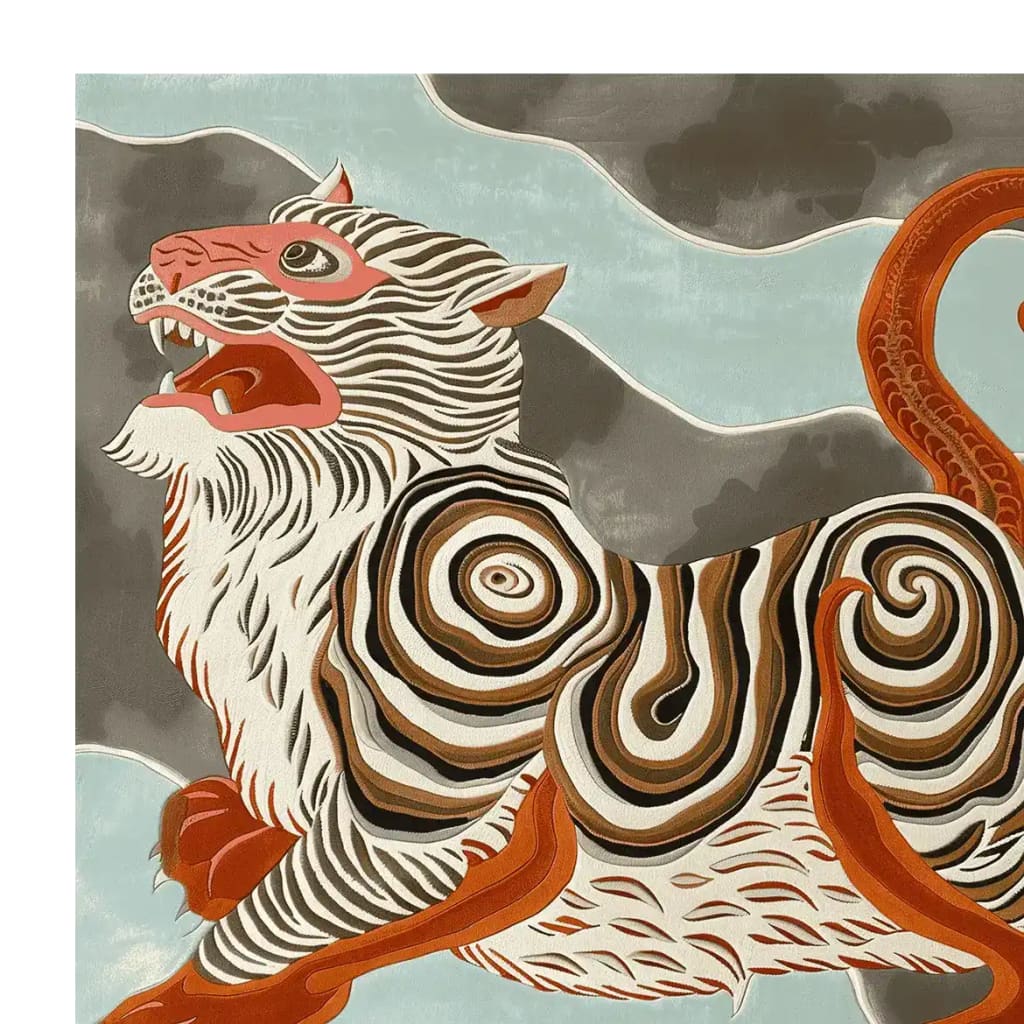 This area rug features a striking abstract design of a tiger with spiral patterns. The contemporary wool rug showcases bold colors and intricate details, perfect for adding a touch of elegance to living room area rugs. Ideal for spaces needing an artistic flair, this living room rug in 8x10 size adds both style and comfort.