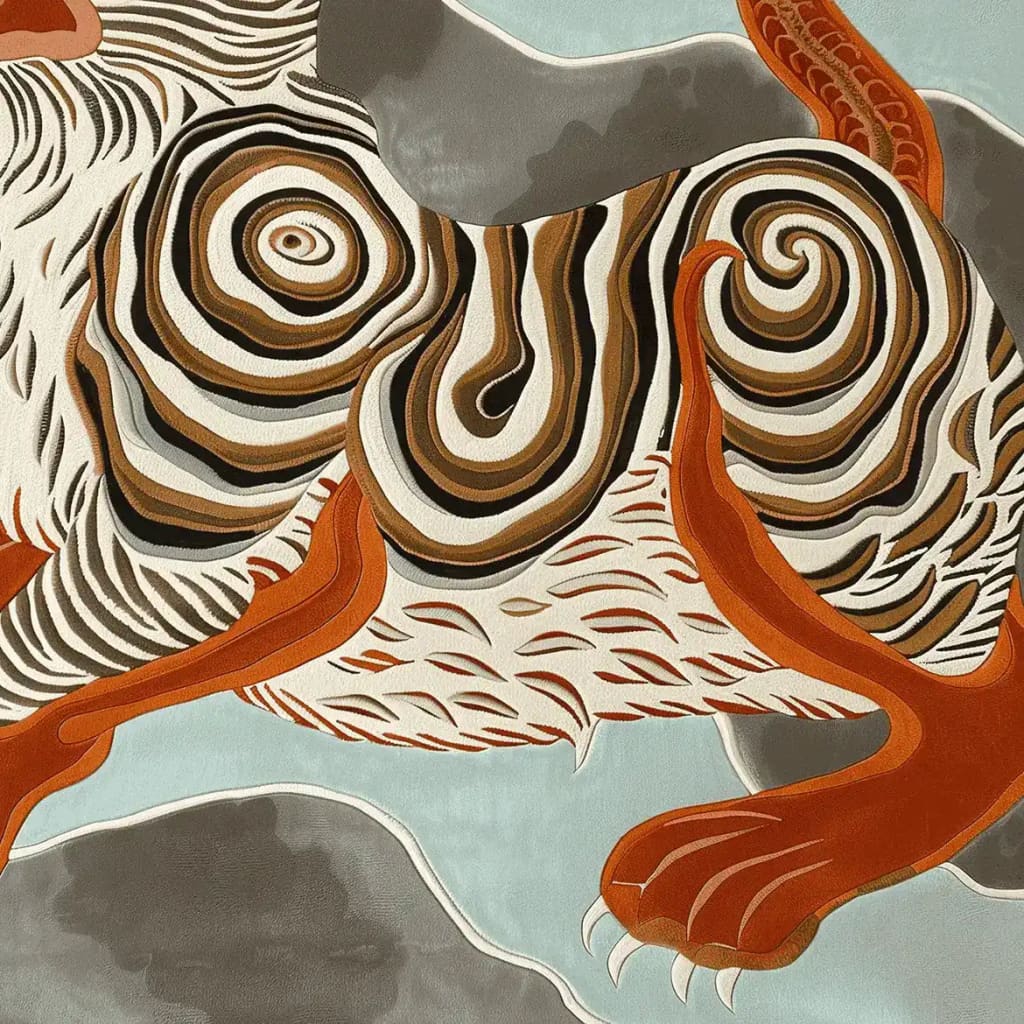 Close-up view of a contemporary area rug featuring an abstract tiger design, hand-tufted in rich wool. The intricate pattern showcases swirling stripes and bold colors, making it a standout piece for living room area rugs. Perfect for adding a touch of elegance to your living space, this 8x10 wool rug combines artistry and functionality.