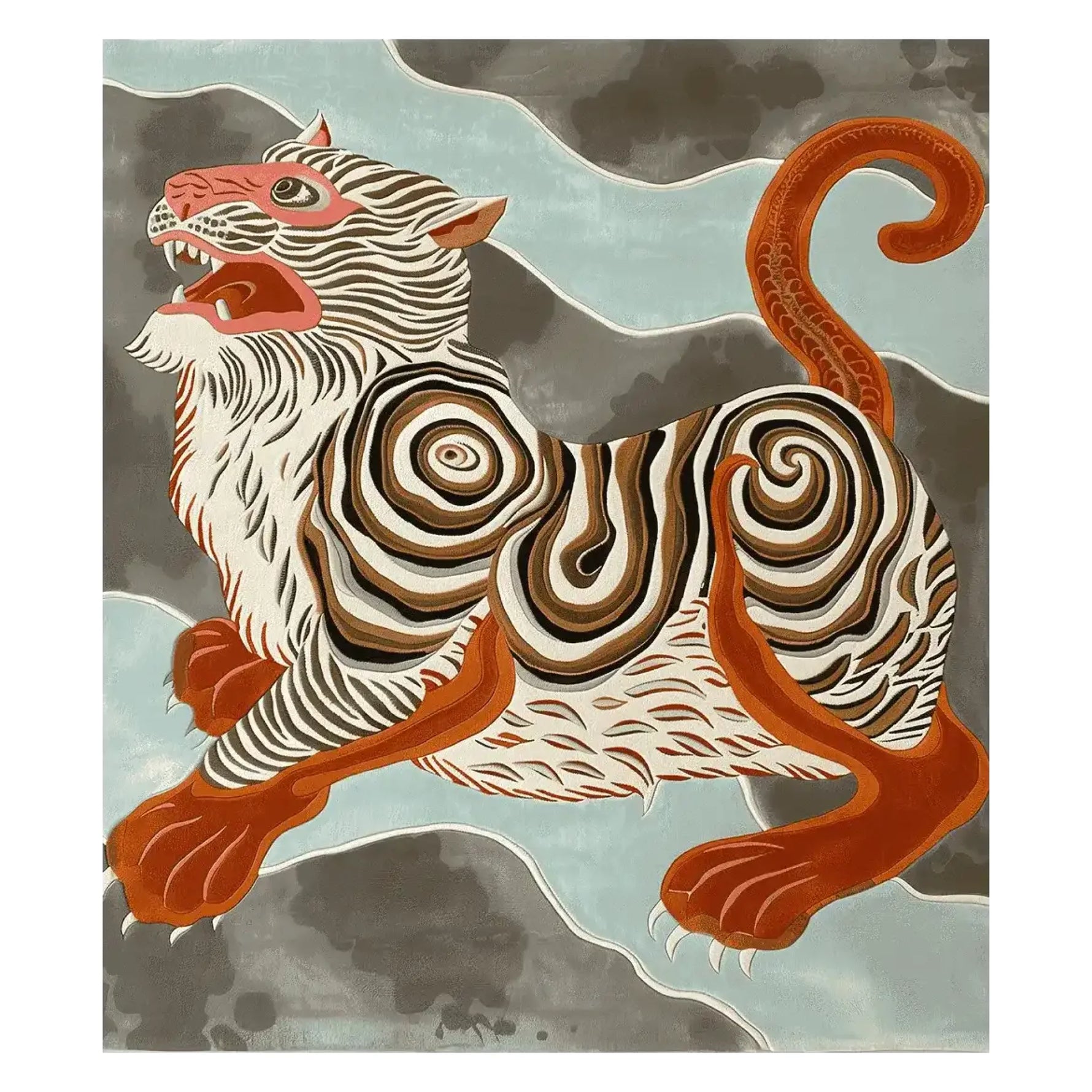 The Spiral Tiger Roar Hand Tufted Rug showcases a striking abstract tiger design in vibrant orange and black swirls, set against a rich background. This contemporary wool area rug, sized perfectly for living room spaces 8x10, combines bold artistry with the cozy warmth of a wool rug, enhancing any modern decor.