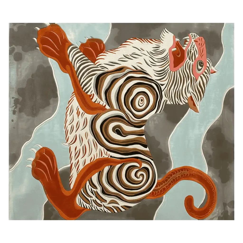 Top view of a Spiral Tiger Roar Hand Tufted Rug showcasing a striking abstract tiger design. This contemporary wool area rug features bold swirls and earthy tones that make it a standout piece for any living room. Ideal for those seeking an 8x10 rug that combines art and functionality.