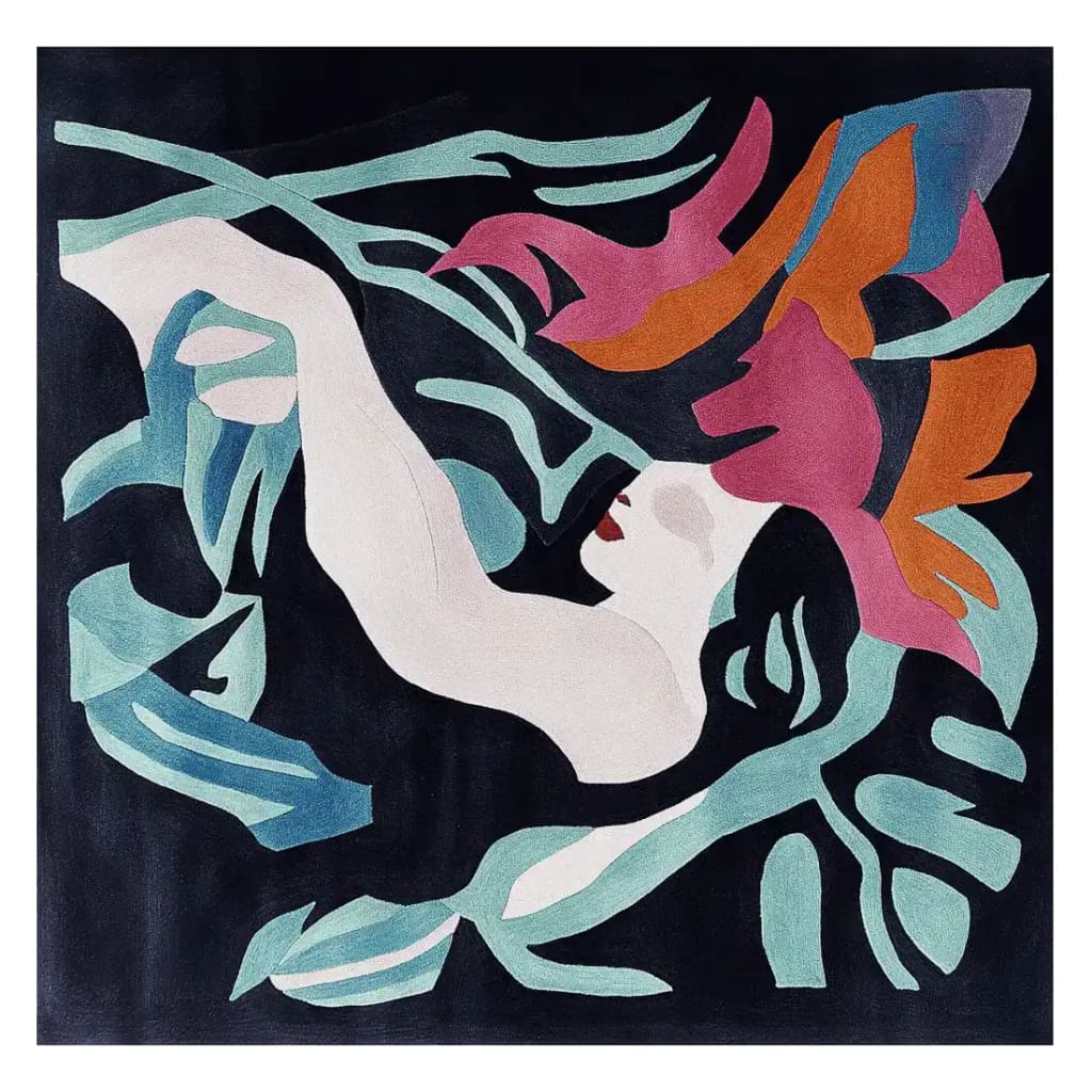 A contemporary wool rug with an abstract design featuring bold colors and organic shapes. This square area rug is perfect for adding a touch of modern art to your large living room. The vibrant pattern includes shades of teal, pink, and orange against a dark background, making it a striking piece among area rugs for the living room.