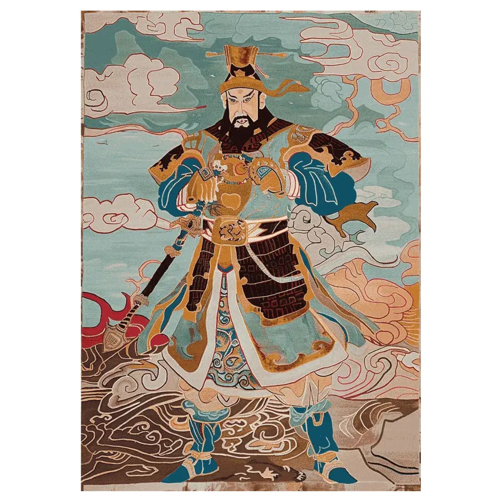 Vibrant hand-tufted area rug featuring an abstract depiction of a warrior in traditional attire, ideal for enhancing living room decor. This wool rug showcases intricate patterns and rich colors, perfect for adding a bold statement to any living room area rugs collection.