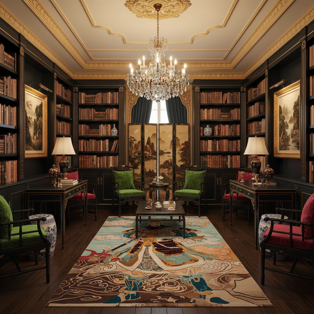 Luxurious library with bookshelves, chairs, and a chandelier.
