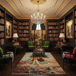 Luxurious library with bookshelves, chairs, and a chandelier.