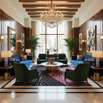 Luxurious living room with blue sofas, green chairs, and a chandelier.